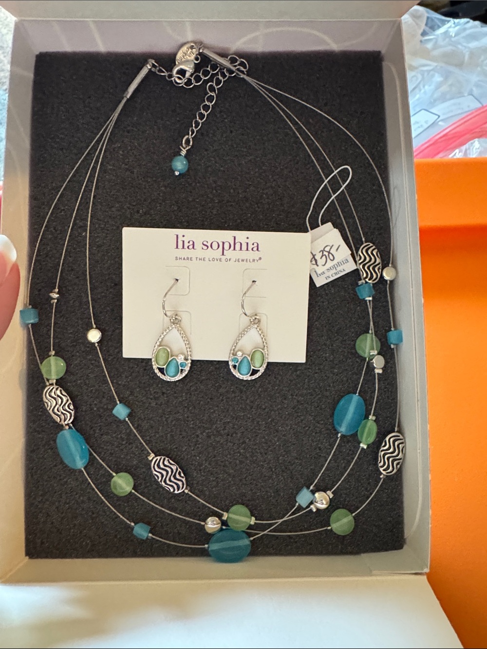 Lia Sophia Blue & Green Multi-Strand Beaded Necklace with Matching Earrings